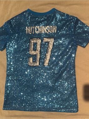 NFL NWOT Girls Youth Detroit Lions Hutchinson Blue Sequin V-Neck Jersey Sz 10/13